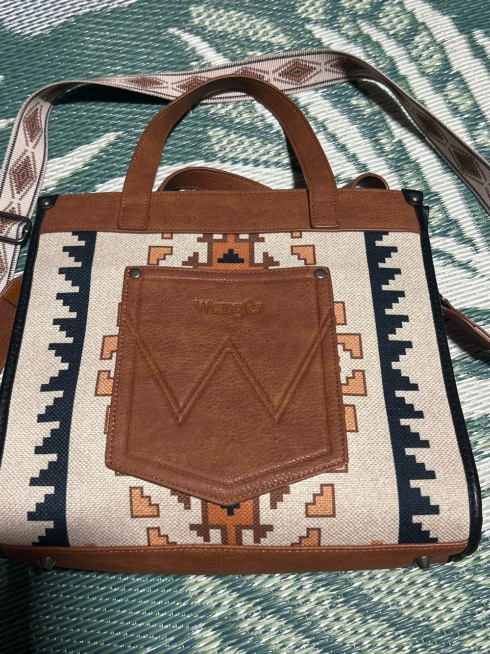 Wrangler Brown and Beige Aztec Canvas Tote approximately 11 deep & 12 1/2 wide